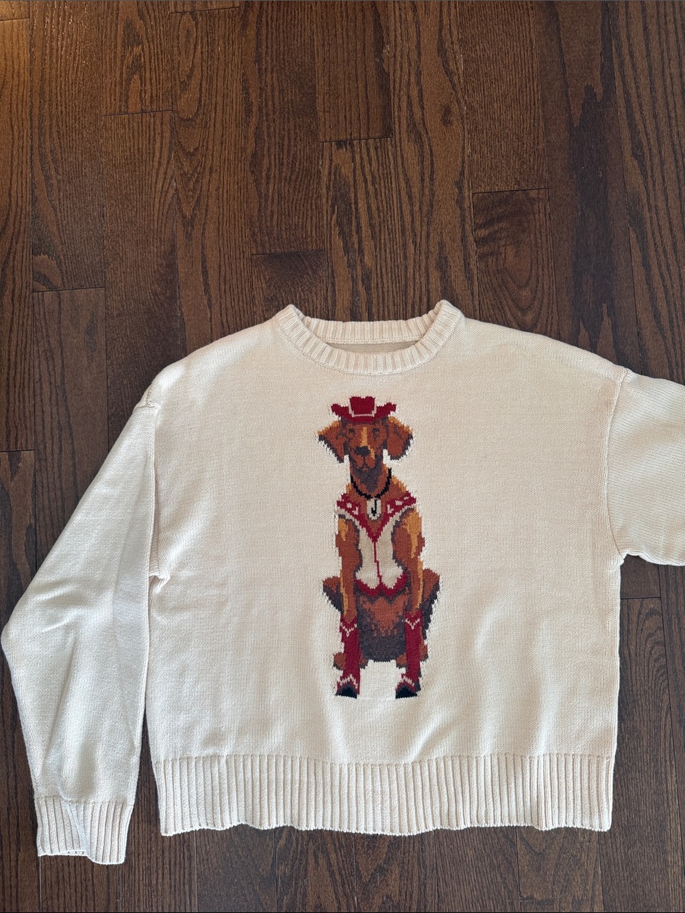 Anthropologie Cream Crewneck Sweater with Dog Intarsia